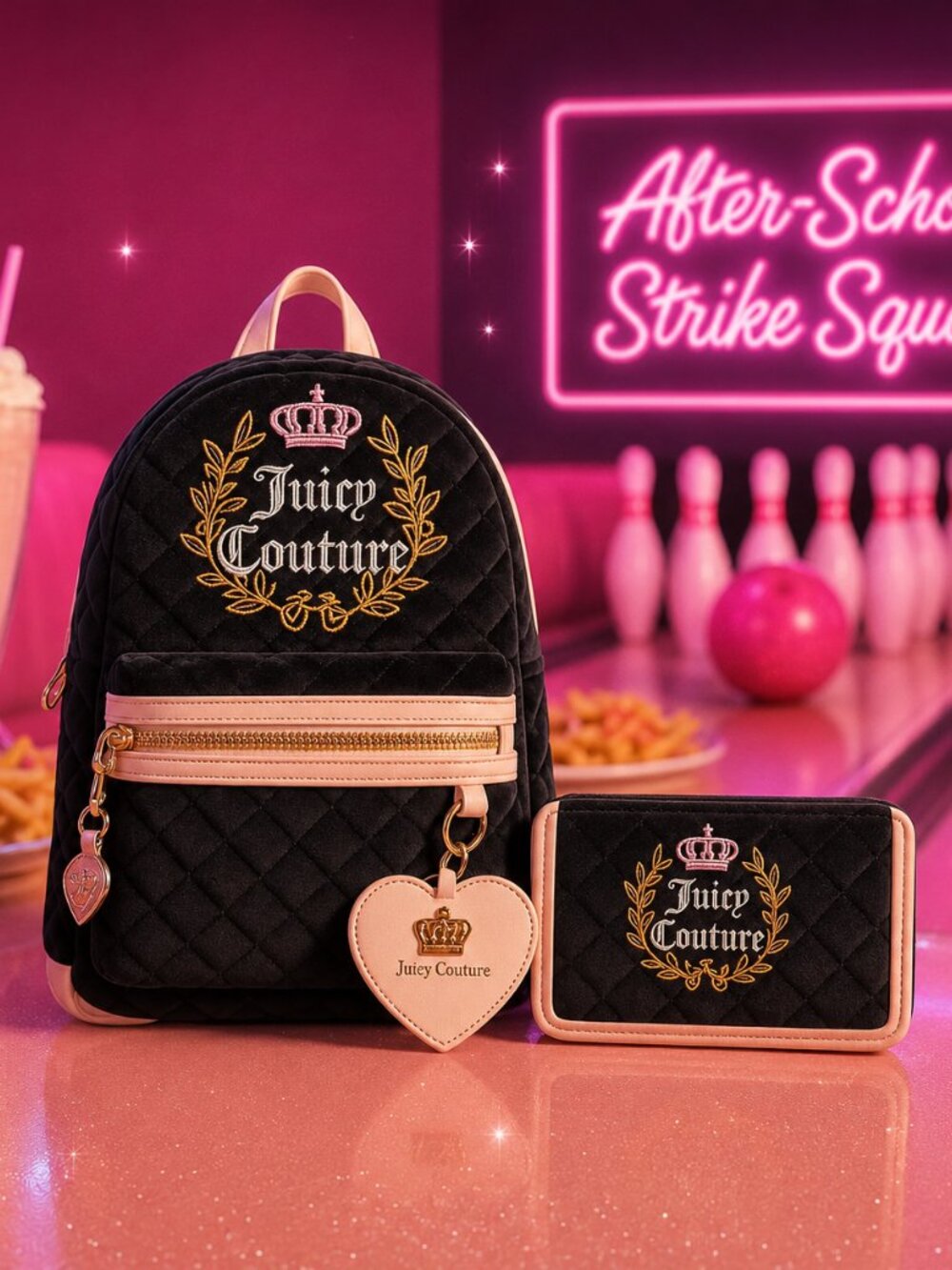 Juicy Couture Quilted Velour Mini Backpack Set Black Cream NWT